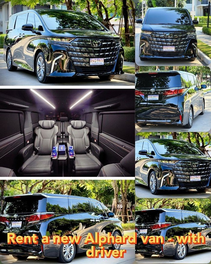 Rent a new Alphard van with driver for use in Bangkok, 10,000 baht per day, including gas, expressway included, 1 day, 10 hours, more than 10 hours, OT 1,000 baht per hour.