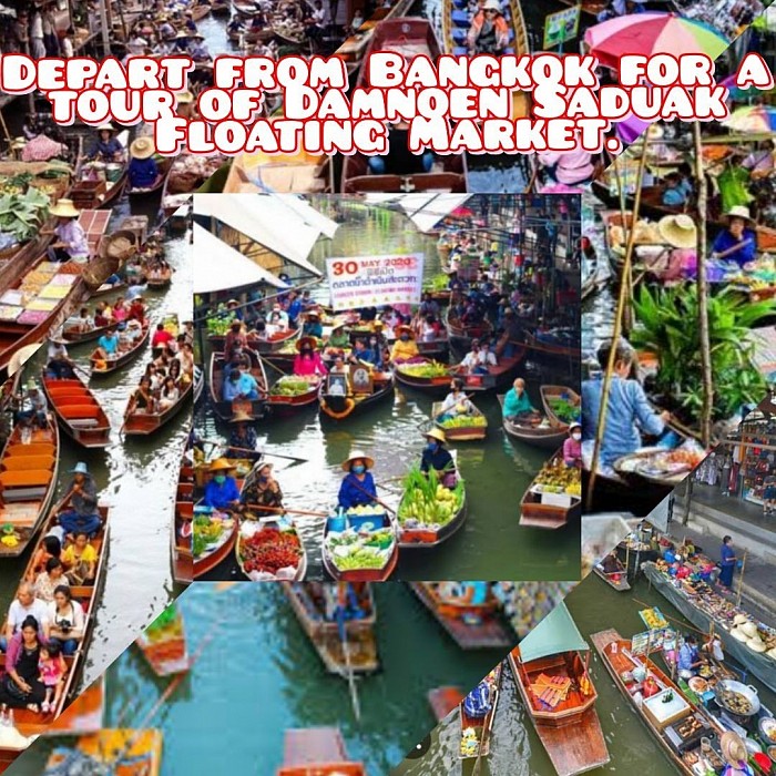 Rent a van, rent a van for a tour of Damnoen Saduak Floating Market  or Damnoen Saduak Floating Market  It is a large floating market located in Damnoen Saduak District.  Ratchaburi Province  The market has a long history and is a popular tourist attraction in the region.  Damnoen Saduak Floating Market is known for its bustling and lively atmosphere.  Vendors in small wooden boats  Sailing along the narrow canal  Selling a variety of products  Tourists can find a variety of products such as vegetables, fruits, local food.  Handicrafts, souvenirs and traditional Thai products